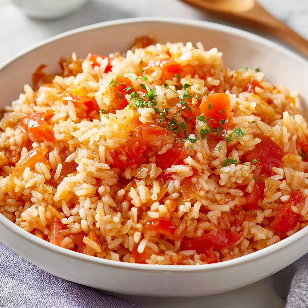 Un plat gourmand de riz crémeux aux tomates fraîchement préparé avec quelques herbes, parfait pour partager.