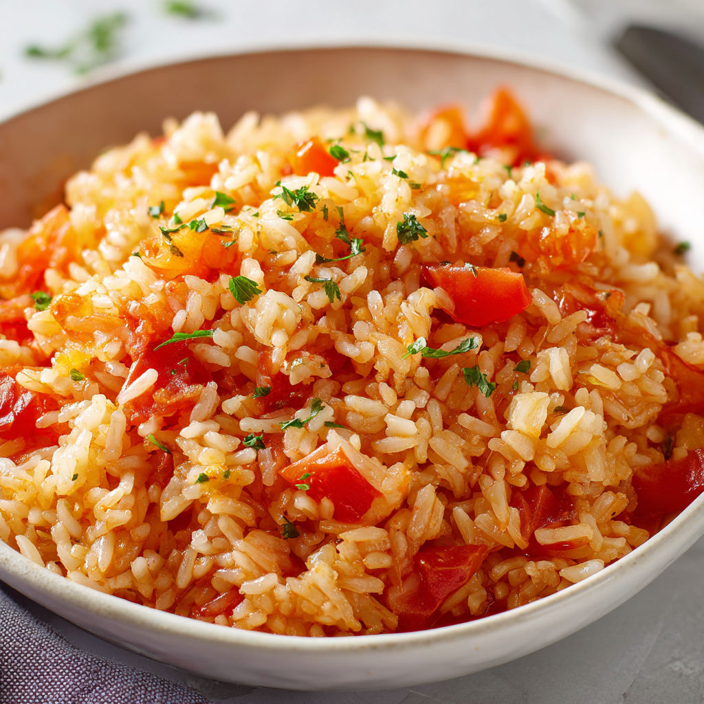 Assiette de riz préparé avec tomates fraîches et herbes