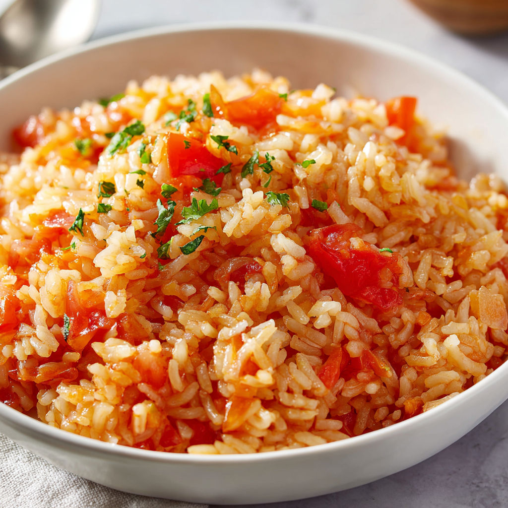 Bol de riz moelleux à la tomate et oignon sur table familiale