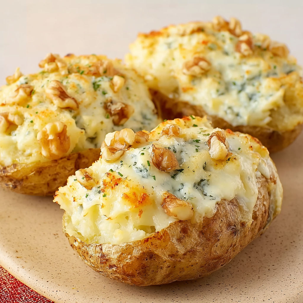 Pommes fondantes au roquefort avec noix croustillantes, un plat maison à partager.