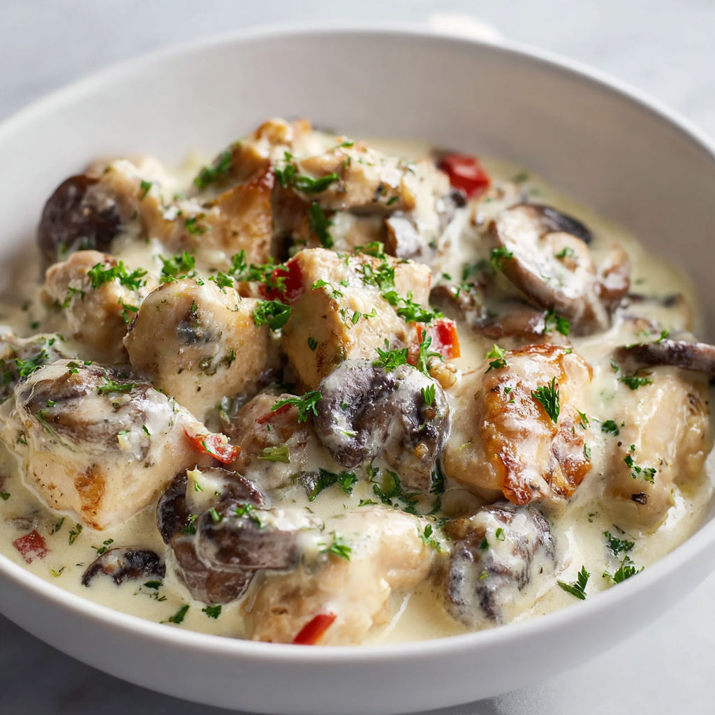 Une délicieuse blanquette de poulet avec champignons servie dans une assiette garnie d'herbes.