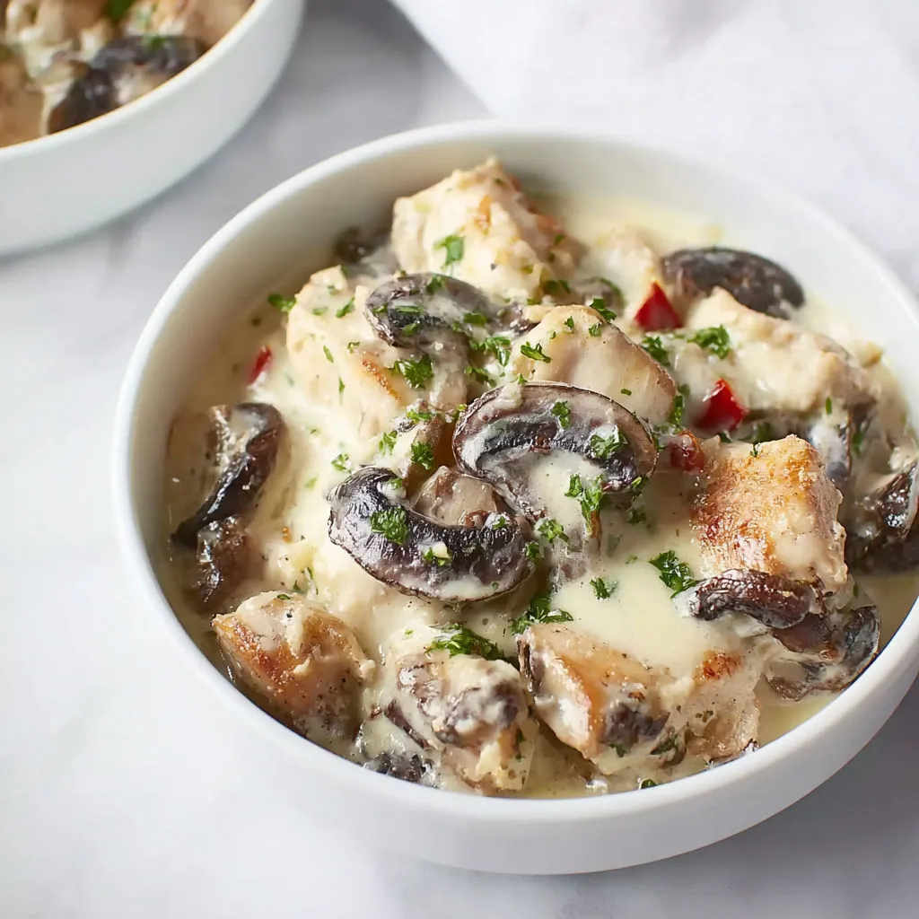 Le plat de blanquette de poulet crémeuse aux champignons qui fondent en bouche.