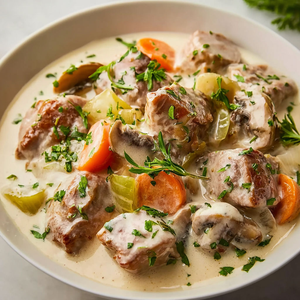 Un plat de veau tendre aux légumes et sauce onctueuse préparé à l'Airfryer.