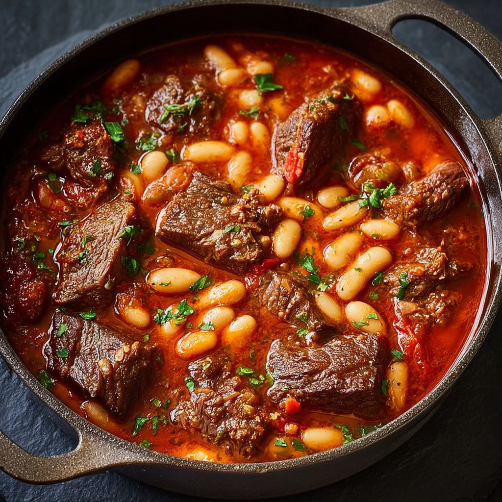 Bœuf mijoté aux haricots blancs servi avec persil.