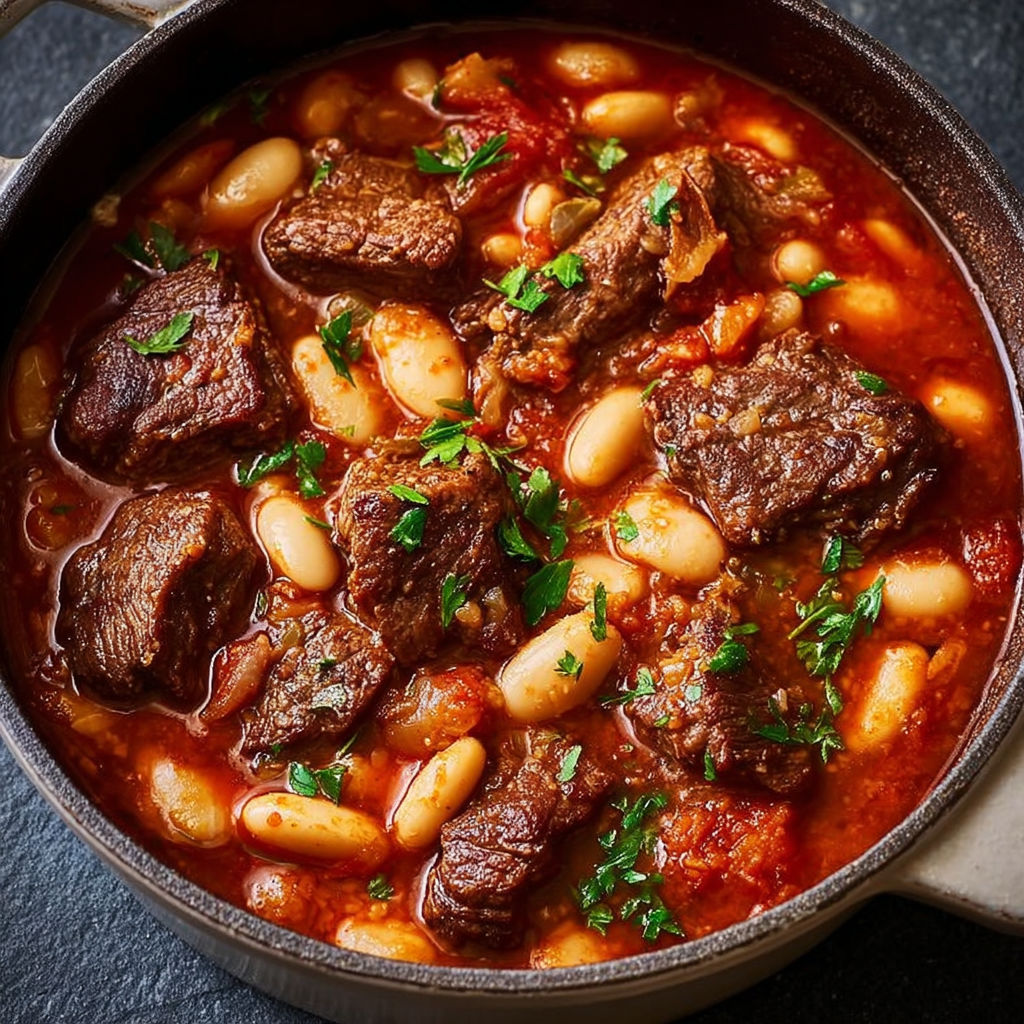 Une marmite de haricots blancs et morceaux de bœuf aux herbes et légumes.