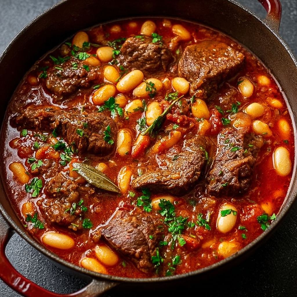 Une marmite de bœuf mijoté avec haricots verts et épinards.