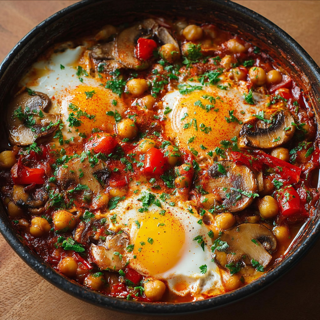 Un bol noir garni d’une chakchouka hivernale fumante sur la table.