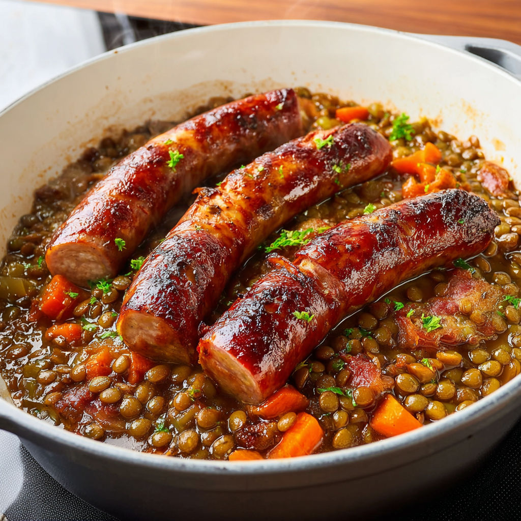 Saucisses de Montbéliard aux Lentilles Vertes - Plat fumant servi avec légumes et herbes.