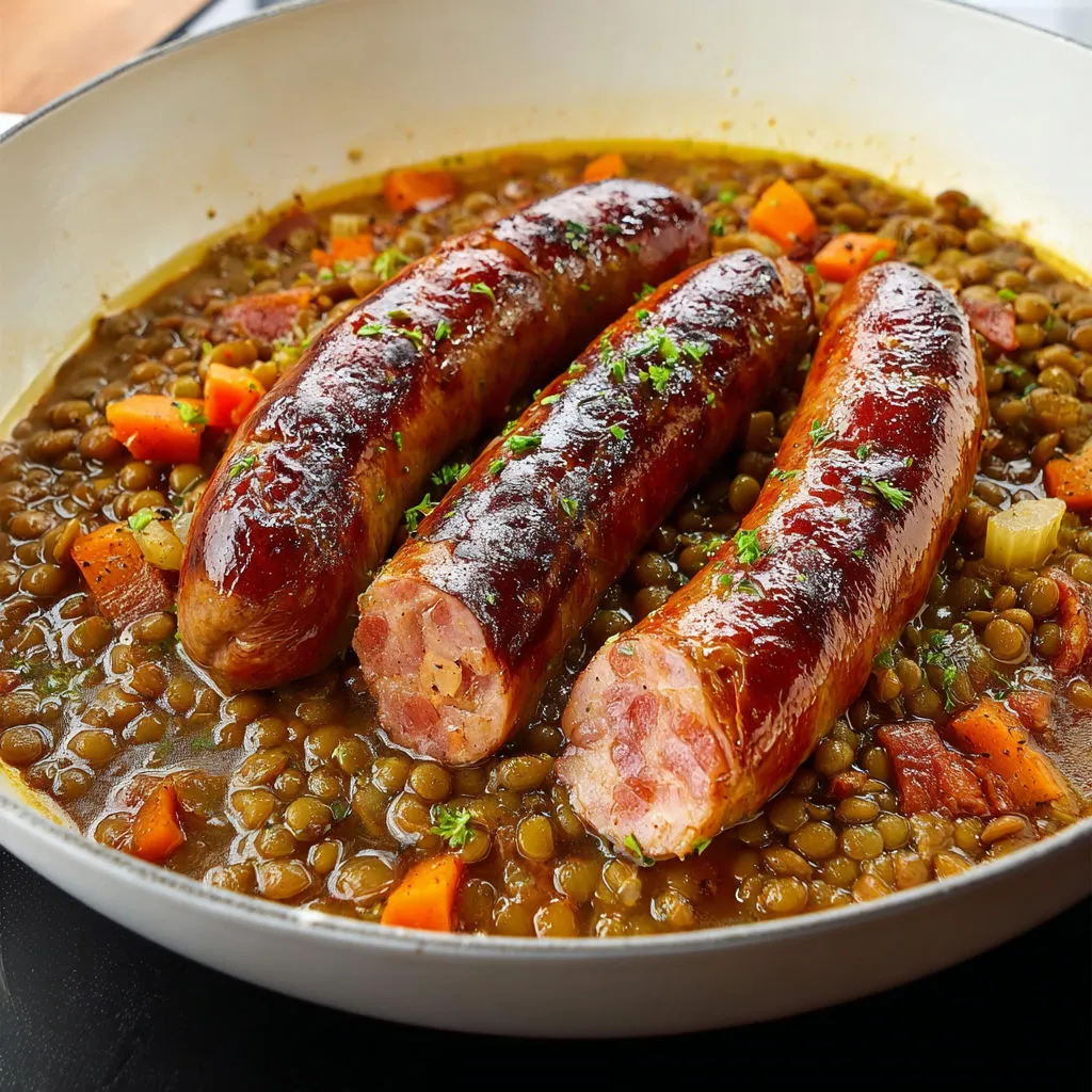 Montbéliard avec lentilles vertes du Puy, plat très réconfortant.