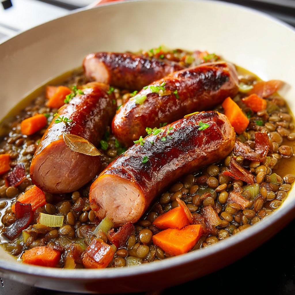 Lentilles mijotées avec saucisses fumées Montbéliard, plat gourmand.