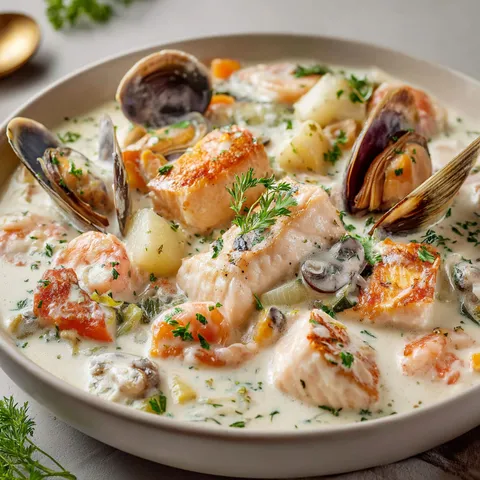 Délice maritime avec cabillaud, légumes, et une sauce généreuse. Notes subtiles de safran.