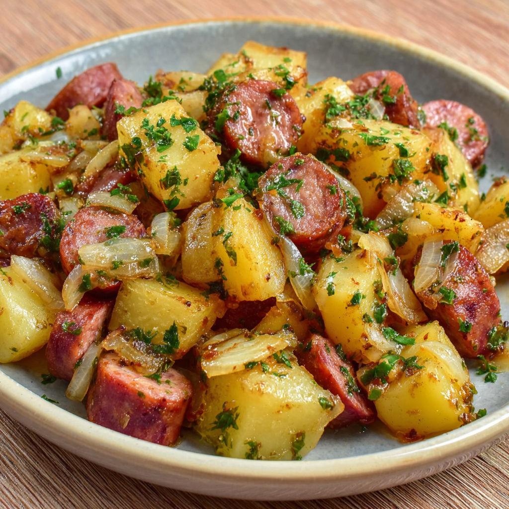 Pommes sautées avec herbes et saucisses paysannes dans une assiette.