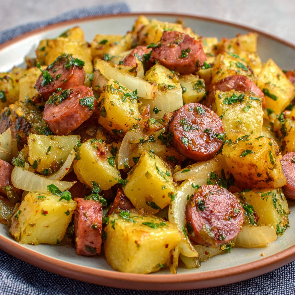 Un plat gourmand de pommes de terre sautées avec oignons et saucisse.