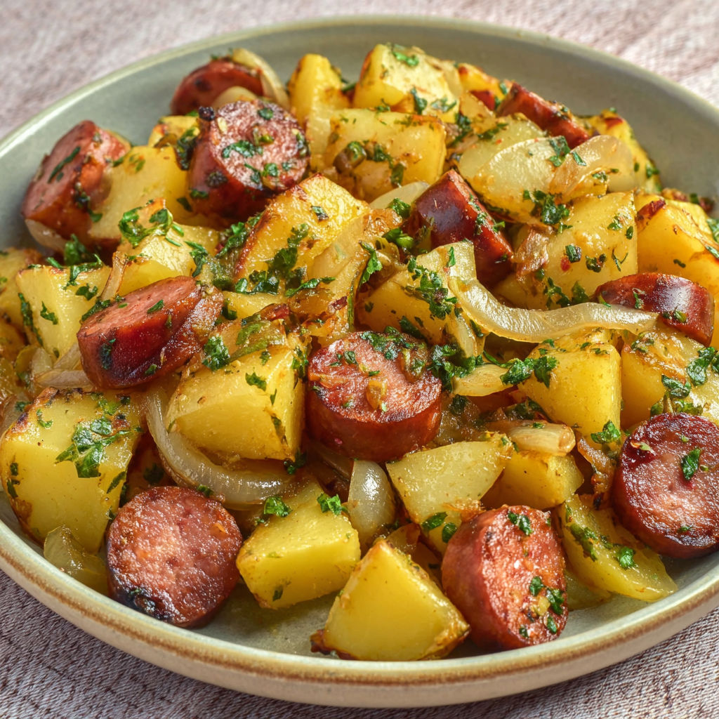 Un plat gourmand de pommes de terre sautées avec oignons et saucisse.