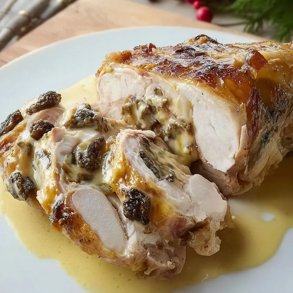 Morceau de chapon grillé, champignons, baies et sauce citronnée.