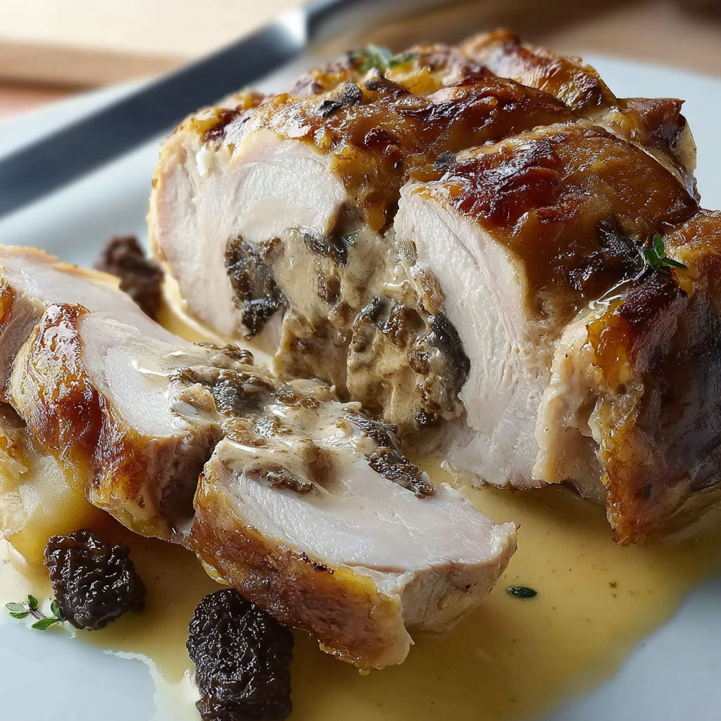 Chapon grillé avec des champignons et des herbes, servi avec une sauce citron.