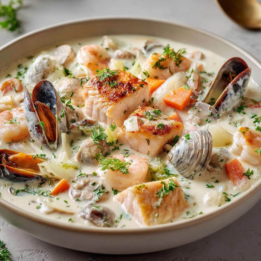 Une assiette de blanquette de la mer pleine de moules, crevettes, carottes et herbes fraîches.