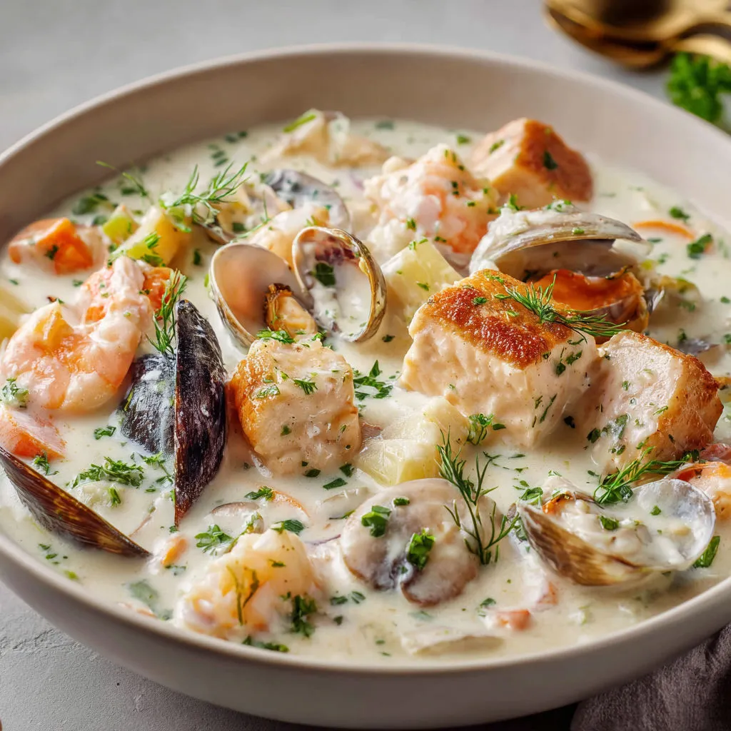 Bol de blanquette de la mer avec crevettes, pétoncles et palourdes.