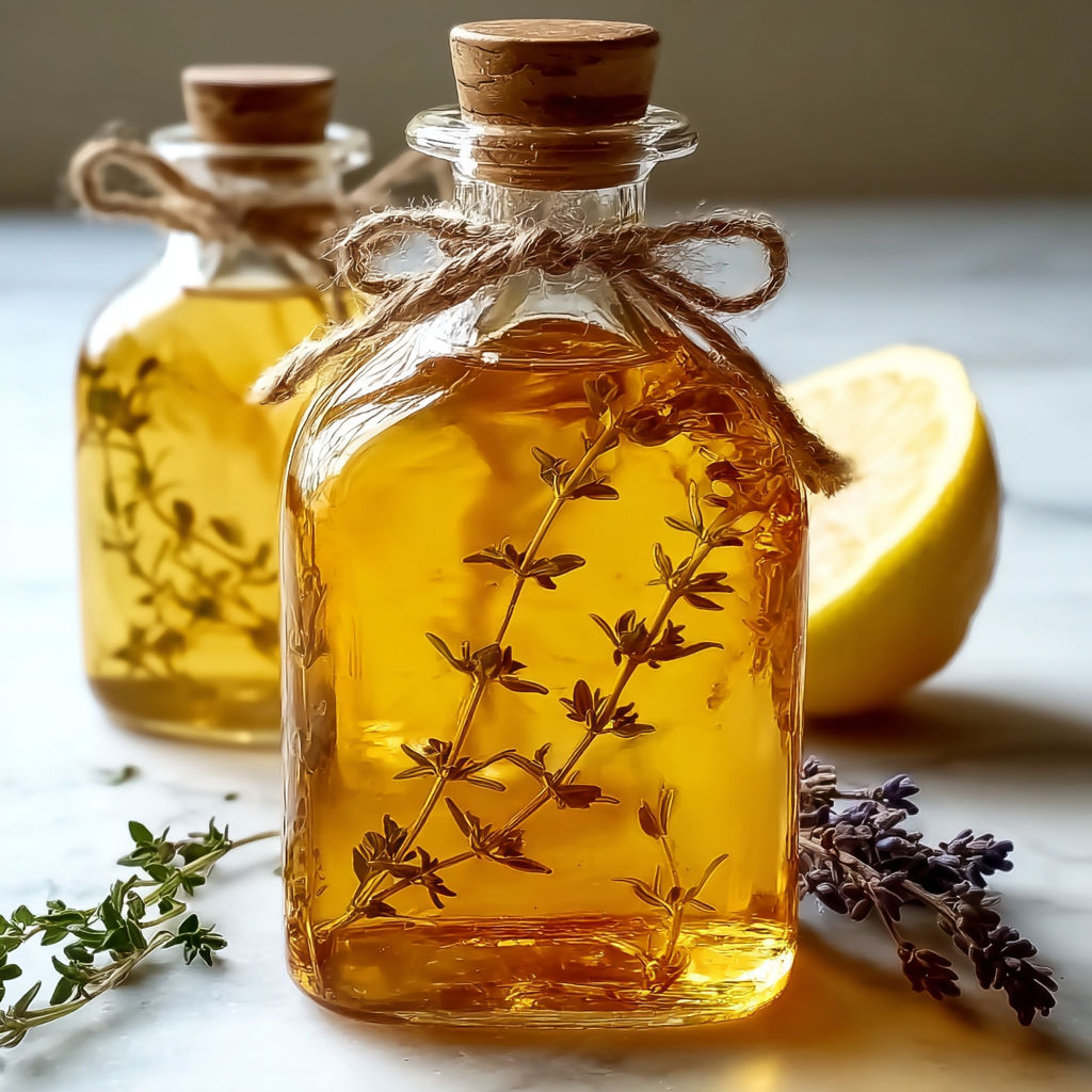 Un pot de sirop au thym frais placé sur une table avec un citron vert et quelques herbes parfumées.