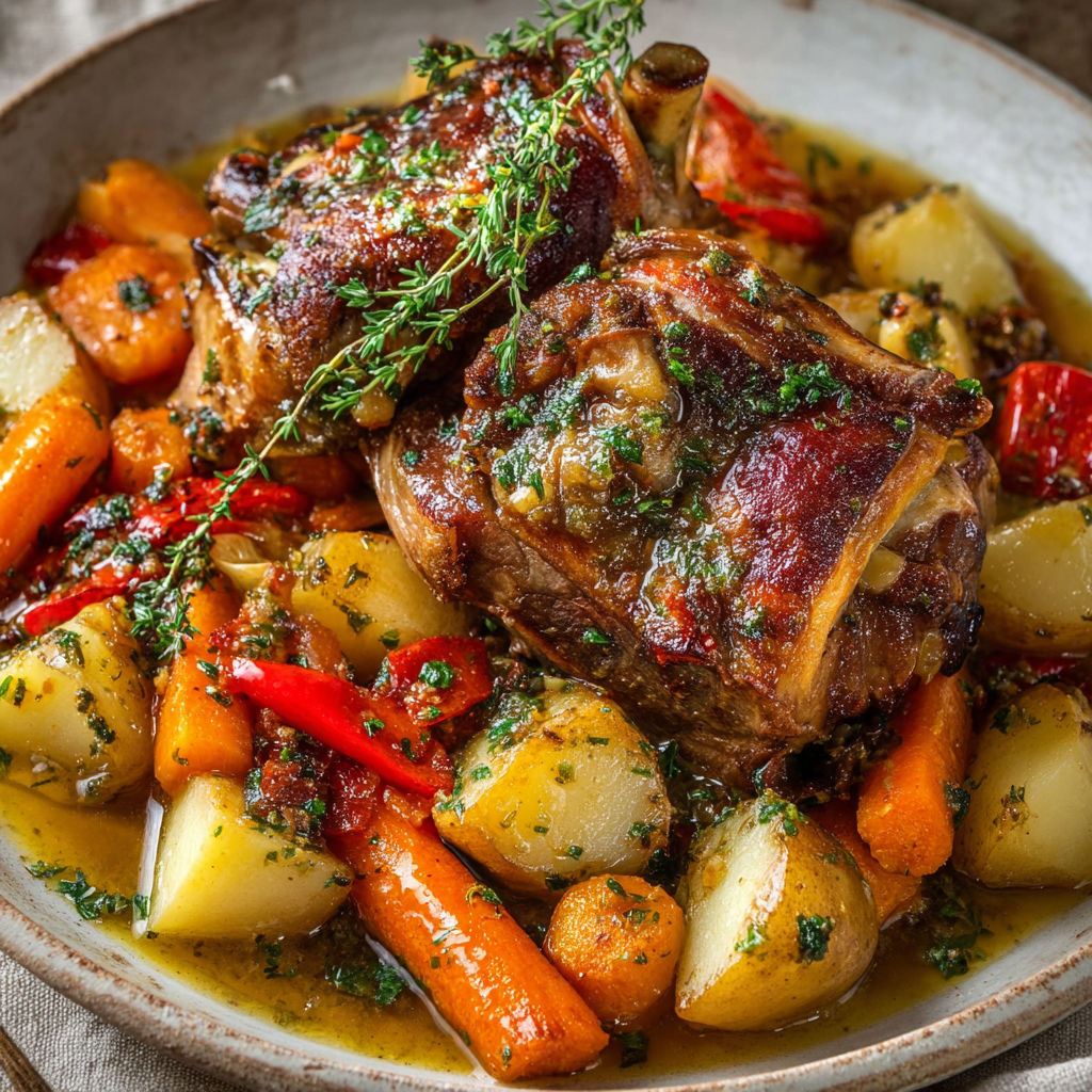Plat de jarret de porc tendre avec légumes racines, accompagné de pommes de terre et carottes, une sauce onctueuse par-dessus.