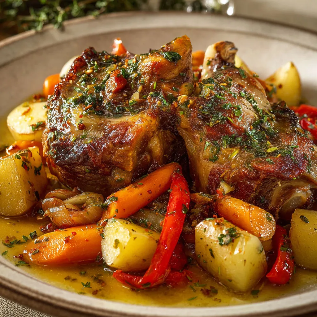 Jarret de porc fondant, légumes d’hiver et jus d’herbes, plat réconfortant et savoureux.