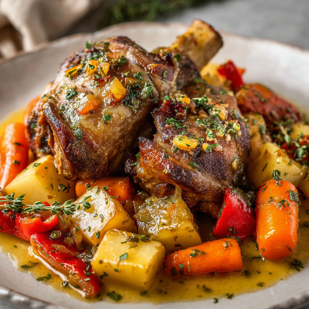Jarret de porc confit, légumes racines, jus aux herbes, carottes et tomates dans l'assiette.