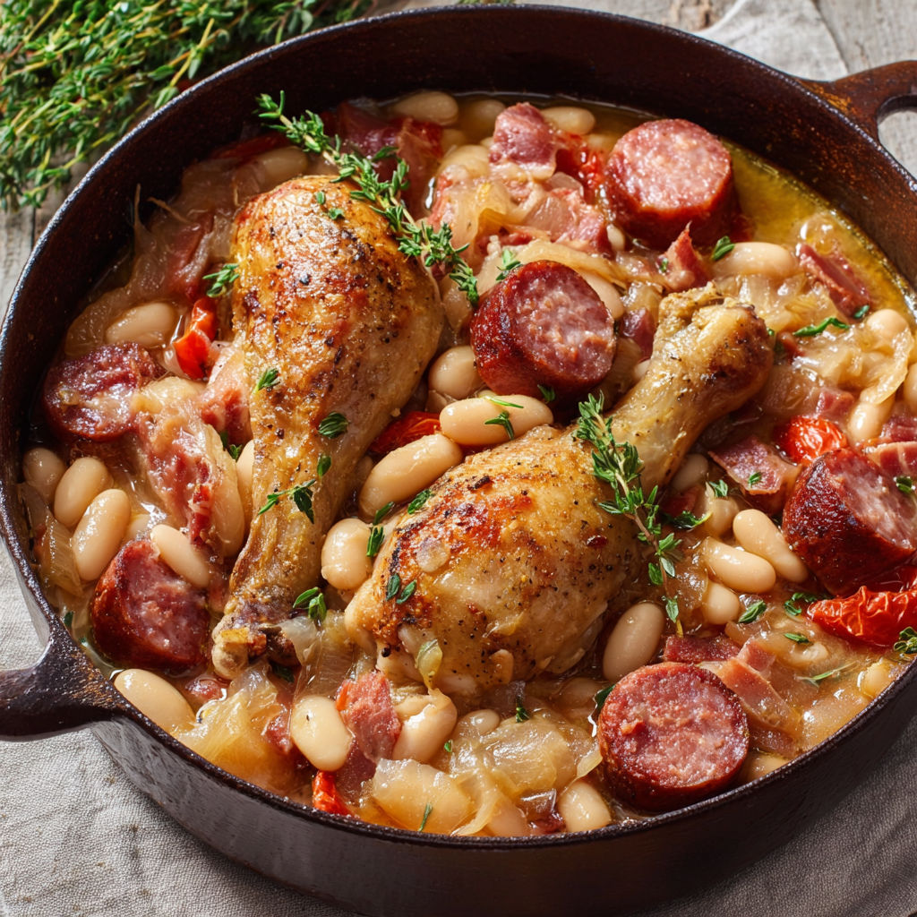 Délicieux cassoulet maison avec du poulet, des haricots blancs et de la saucisse fumée, idéal pour les repas en famille.