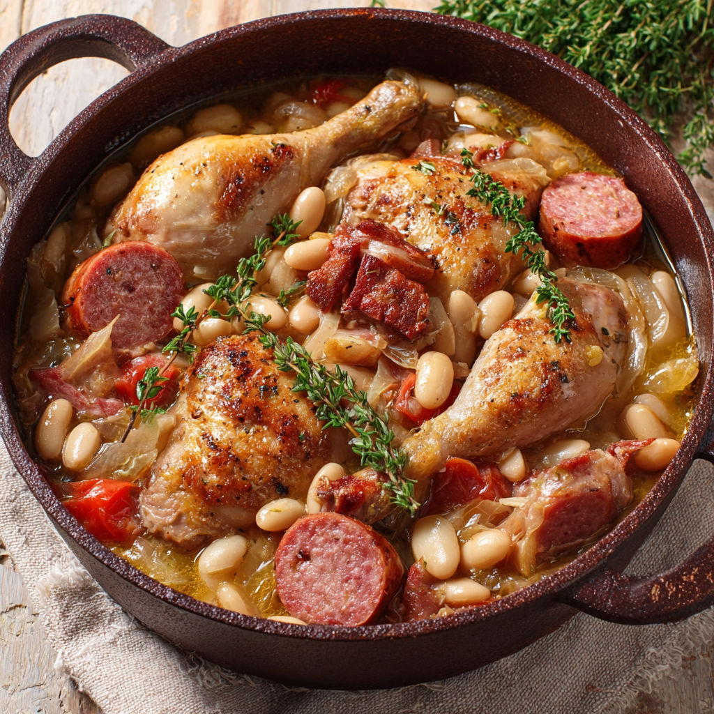 Cassoulet maison de grand-mère : poulet moelleux et saucisses fumées.