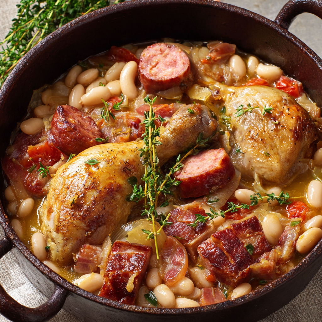 Cassoulet traditionnel au poulet et saucisse, comme chez mamie.