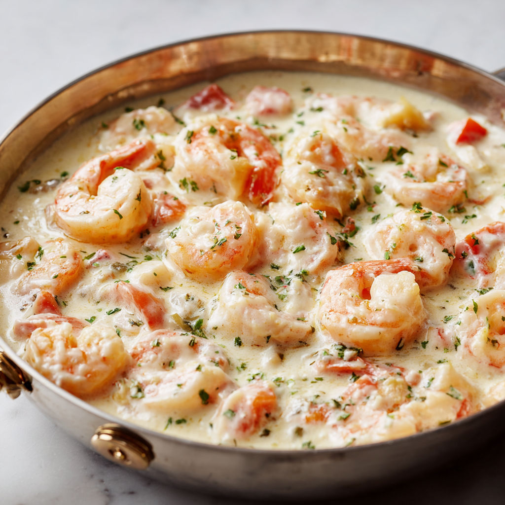 Plat crémeux de crevettes cuit rapidement et relevé au vin blanc.