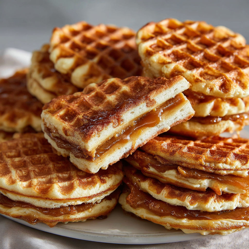 Un tas de gaufres garnies de crème à la cassonade.