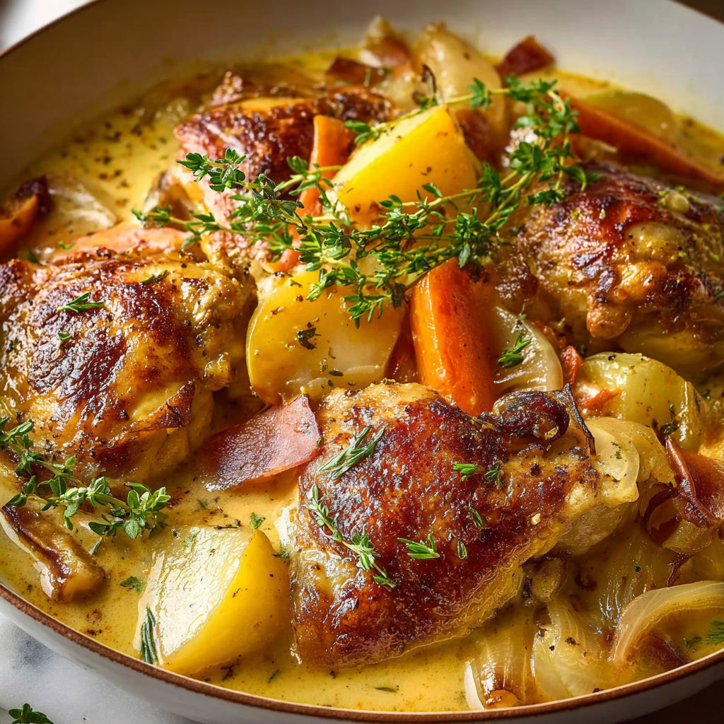 Plat savoureux de poulet au cidre brut avec carottes et herbes fraîches.