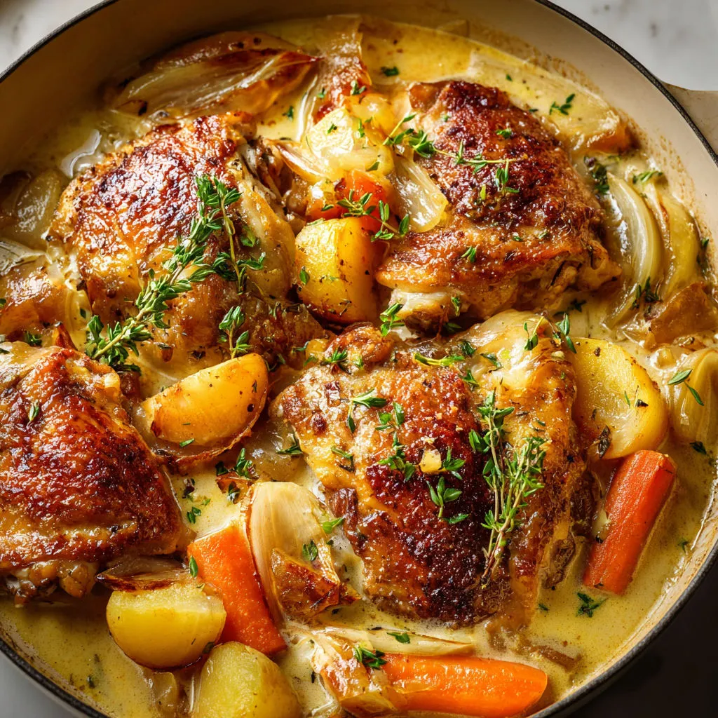 Du poulet au cidre brut mijoté à la mode normande conviviale.