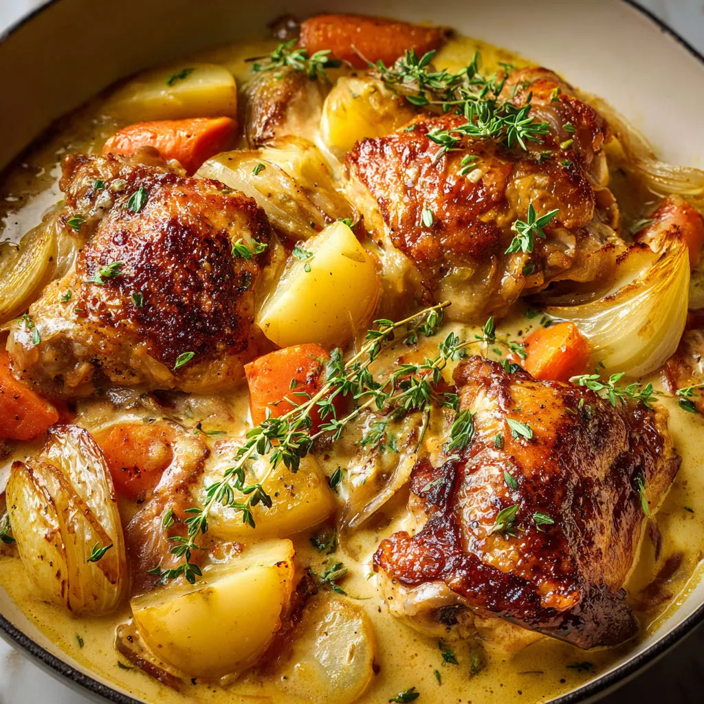 Poulet fermier longuement mijoté au cidre avec des légumes tendres.