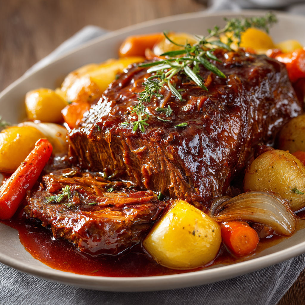 Plat gourmand de bœuf braisé au vin rouge accompagné de carottes et pommes de terre.