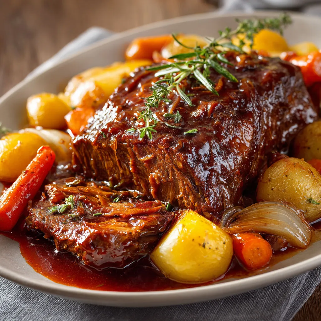 Plat gourmand de bœuf braisé au vin rouge accompagné de carottes et pommes de terre.