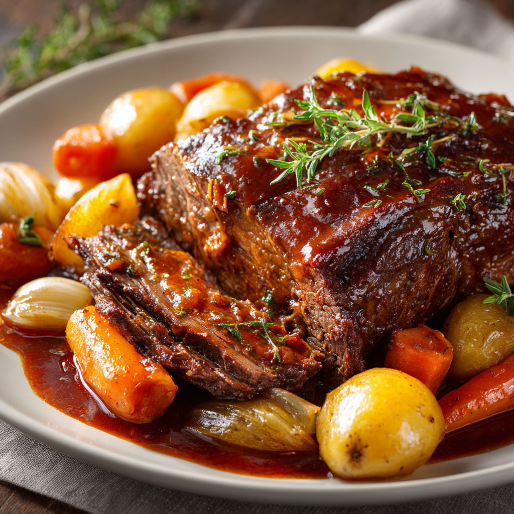 Plat familial de bœuf mijoté au vin rouge et légumes tendres.