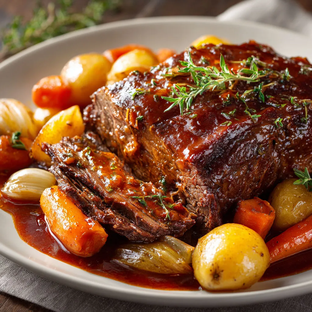 Plat familial de bœuf mijoté au vin rouge et légumes tendres.