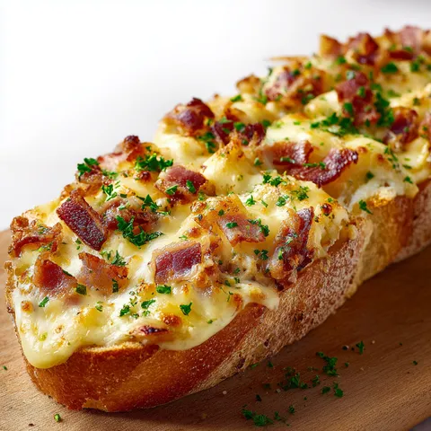 Baguette gratinée avec fromage, lardons et herbes sur une planche en bois.