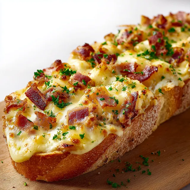 Baguette gratinée avec fromage, lardons et herbes sur une planche en bois.