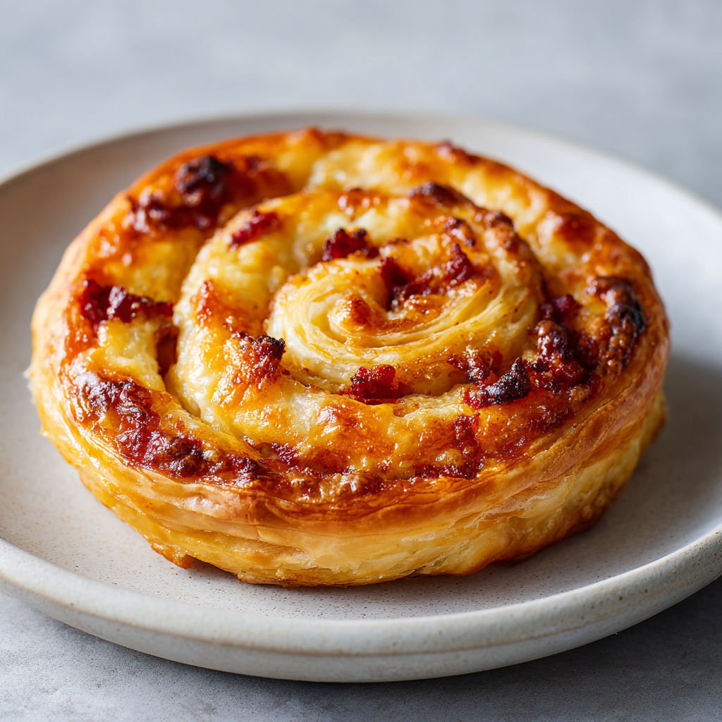 Plateau avec des bouchées feuilletées au chorizo et au gruyère.