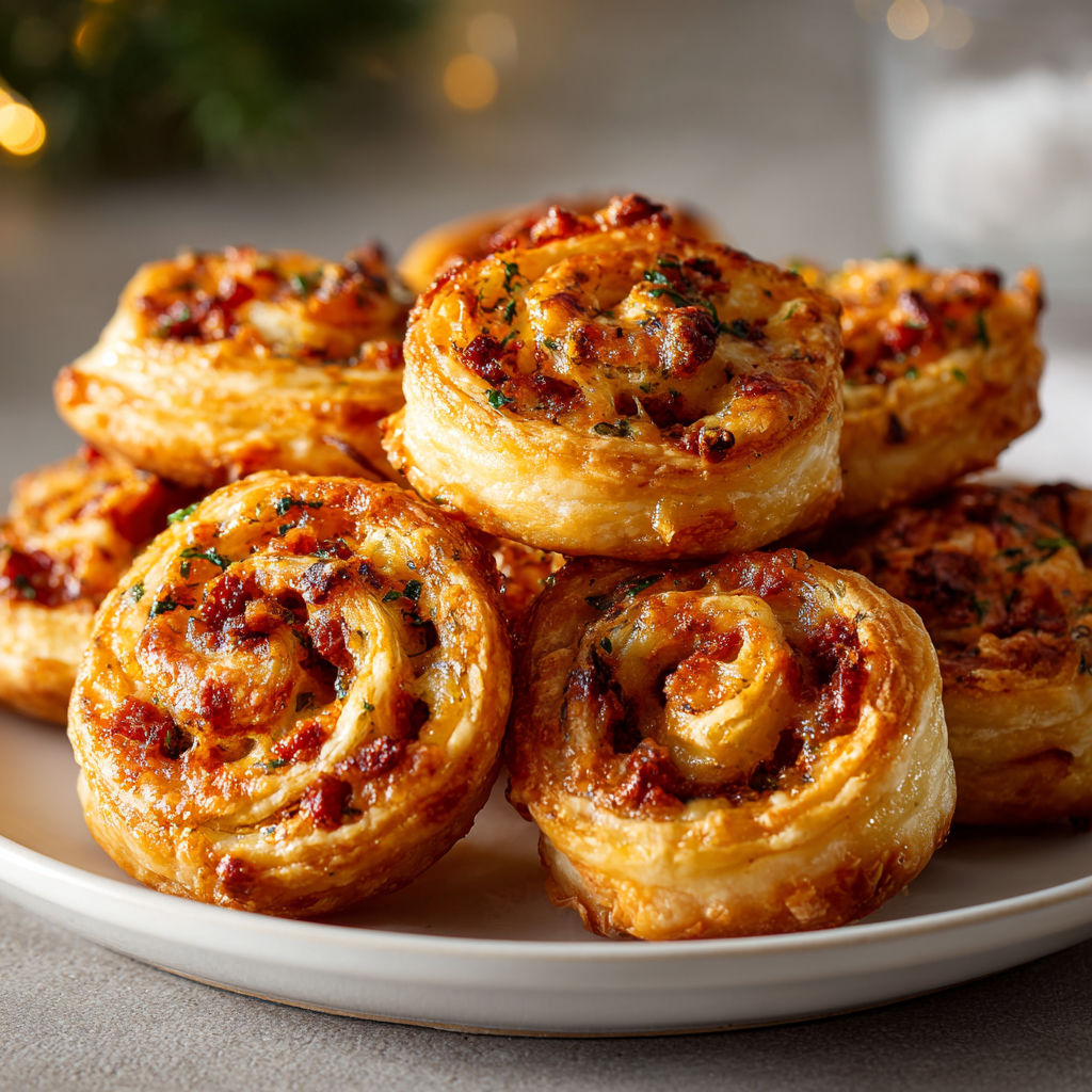 Petits roulés apéro dorés au chorizo et fromage sortis du four.
