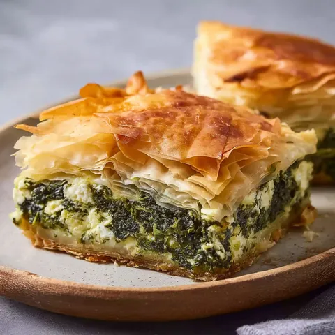 Des feuilletés croustillants aux épinards et à la feta joliment servis sur un plateau.