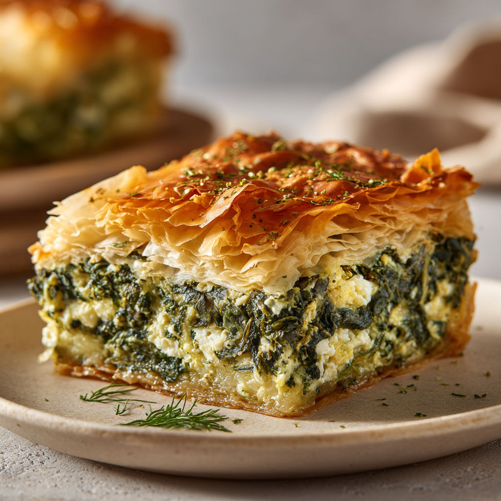 Feuilleté grec moelleux aux épinards, feta et herbes fraîches.