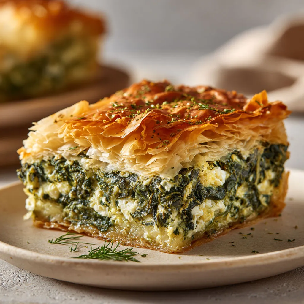 Feuilleté grec moelleux aux épinards, feta et herbes fraîches.
