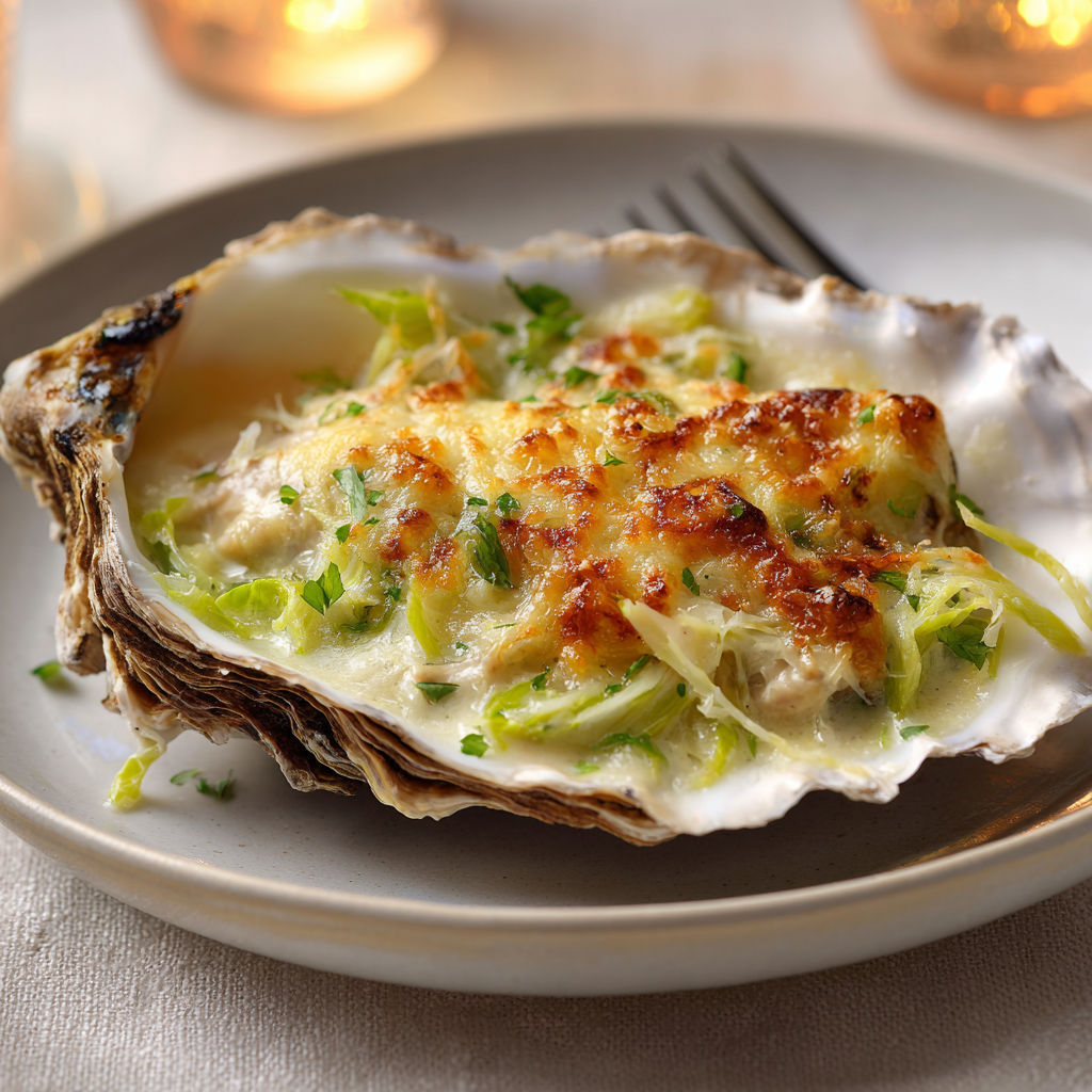 Une belle part d’huîtres avec poireaux toute gratinée sur un plateau festif.