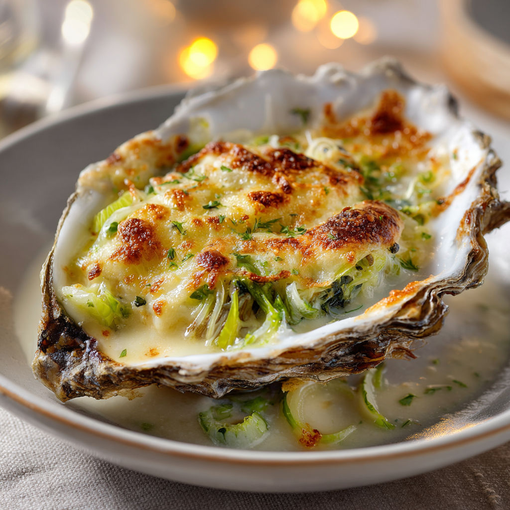 Une belle assiette d’huîtres gratinées accompagnée d’une bouteille de blanc.
