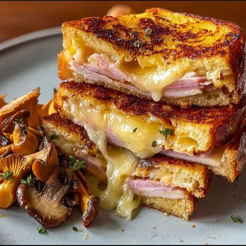 Sandwich croque-monsieur avec champignons et fromage sur une assiette.
