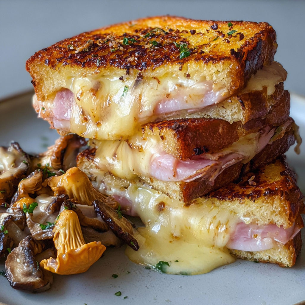 Croque façon pain perdu avec jambon truffé et cœur fondant de comté.