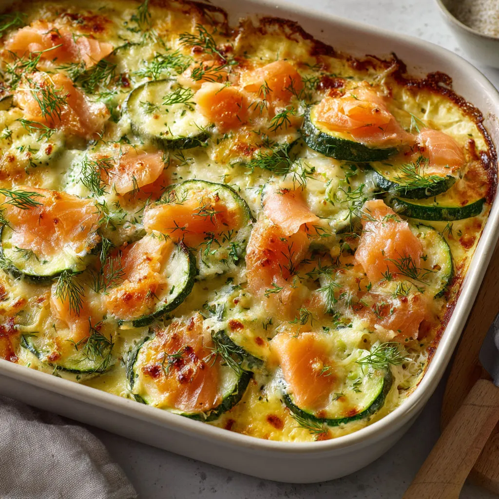 Plat tout doux courgettes, saumon fumé et crème fondante.